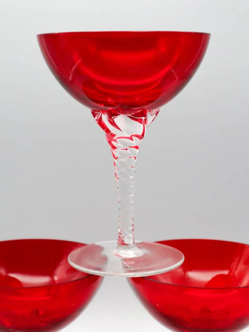 Vintage Ruby Red Crystal Champagne Coupe Cocktail Glasses Twisted Stem Art Deco